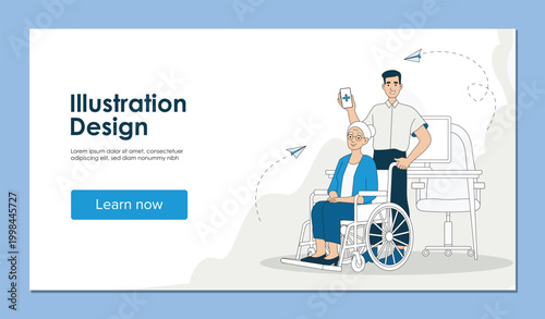 Help for disability landing page. Man helps elderly woman in wheelchair. Charity and kindness, volunteering. Poster for website. Flat vector illustration