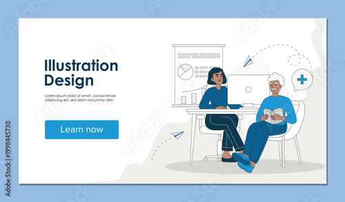 Business communication landing page. Man and woman sit in office near graphs and charts. Collaboration and communication. Flat vector illustration