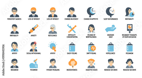 Mental health icons depict various emotional and psychological states, including sadness, anxiety, and hopelessness, rendered in a clean, flat vector style with a soothing color