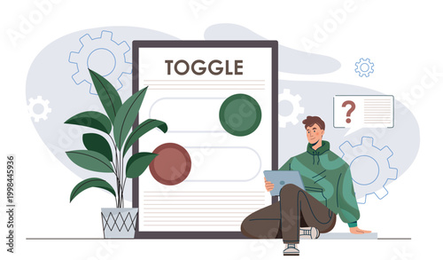 Man selects toggle in app. Young guy with application for smartphones. Switches with functions. UI and UX design for applications or programs. Flat vector illustration