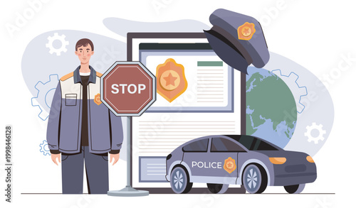 Policeman concept. Man in police uniform near officers ID card, stop sign, and car. Security and protection of citizens rights. Sheriff occupation. Flat vector illustration