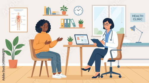 Female Doctor Consulting with Patient in Modern Health Clinic Medical Consultation Concept