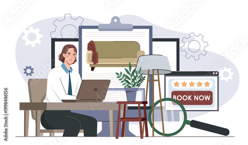 Woman booking hotel online. Young girl with laptop rents room or apartment. Tourist prepares for vacation trip. Reservations and accommodations. Flat vector illustration