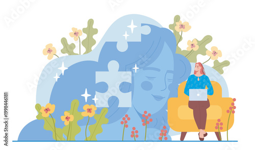 Psychological help concept. Woman sits next to silhouette of woman with missing puzzle pieces. Psychologist works with client. Mental and psychological health care. Flat vector illustration