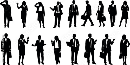 Professional Business People Silhouettes Collection Featuring Corporate Men and Women in Suits Holding Briefcases, Laptops, and Waving for Office Concepts