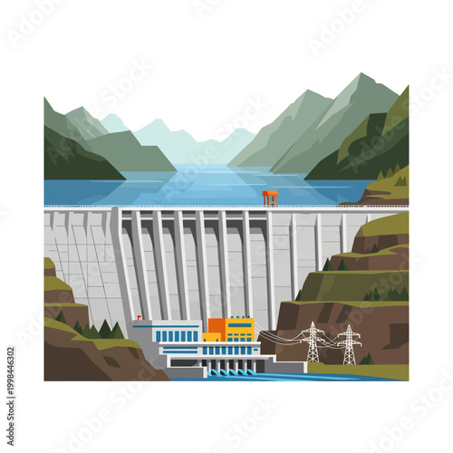 Hydroelectric Dam Power Plant with Reservoir and Mountains Landscape