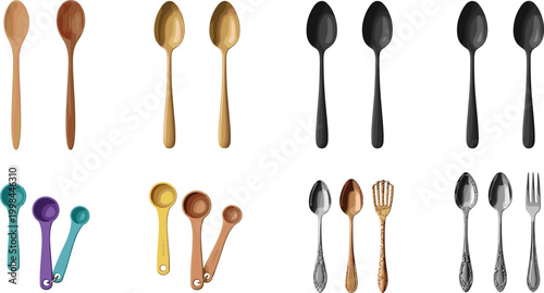 Wooden And Metal Spoon Vector Set Featuring Measuring Spoons And Stainless Steel Cutlery For Kitchen Dining Cooking And Restaurant Tableware Graphic Designs
