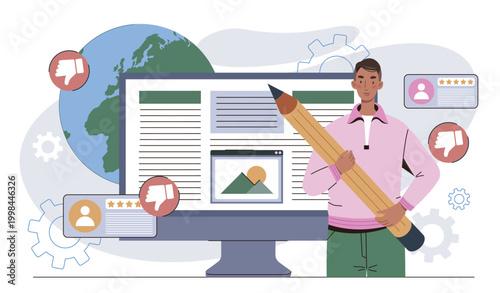 Negative user reviews. Man with pencil near computer and planet. Negative user reviews. Criticism and bullying on Internet, cyberbullying. Flat vector illustration