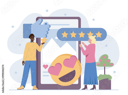 Users rating concept. Woman and man near tablet with emoji and stars. Customer opinion on internet. Feedback and ranking. Clients satisfaction. Flat vector illustration
