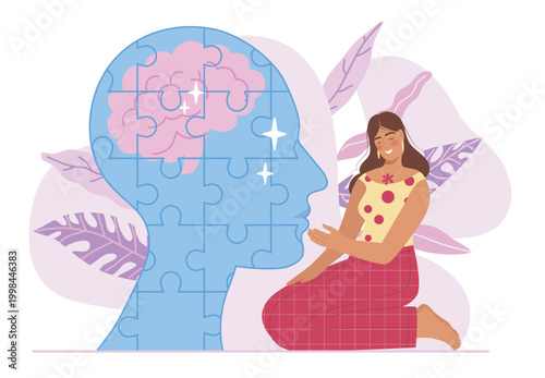 Mental rebuilding yourself. Woman sits next to jigsaw puzzle silhouette of head. Caring for mental and psychological health. Psychology and psychotherapy. Flat vector illustration