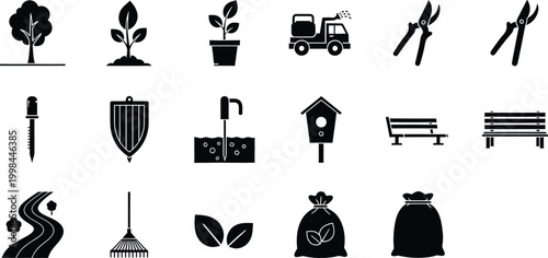 Set of black garden and nature icons including plants tools and park equipment symbols