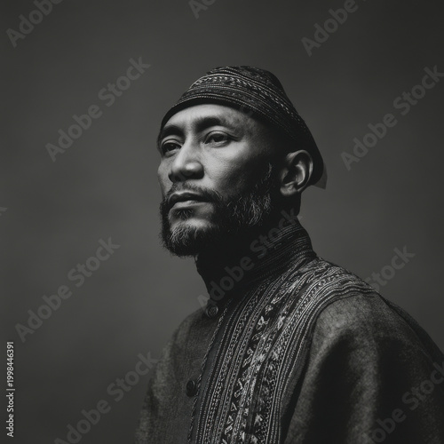 folklorist dressed in traditional attire stands against clean monochromatic background essence of cultural