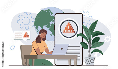 Woman with verification error. Young girl with laptop logs into social media profile. User experiencing issues logging into account. Authentication and authorization. Flat vector illustration