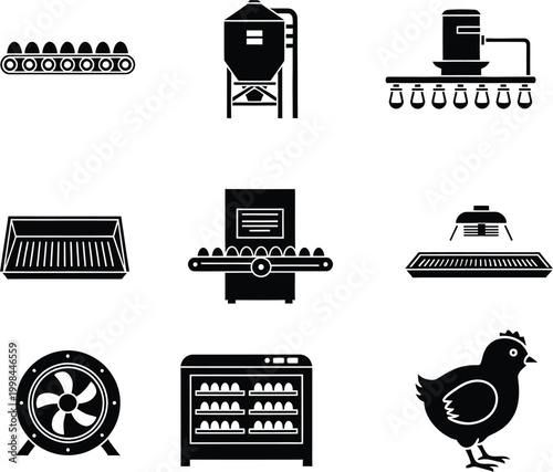 Set of black icons for poultry farming industry with eggs chicken and factory machinery