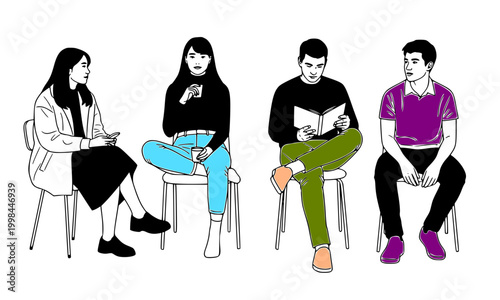 Diverse group of people sitting on chairs in a row, vector illustration of men and women waiting together in a modern minimalist line art style