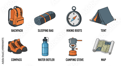 Camping essentials graphic, featuring backpack, sleeping bag, compass, hiking boots, tent, water bottle, camping stove, and map, set against a white backdrop, demonstrating