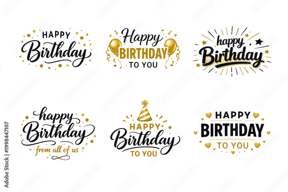 Obraz premium Elegant Happy Birthday typography collection, six golden celebratory greeting designs, festive party wishes isolated PNG with Transparent Background