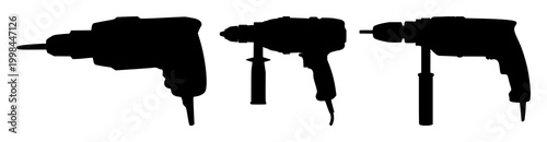Electric drill set with black silhouette on white background featuring drill, tool, power with wood and metal with mechanical, hardware