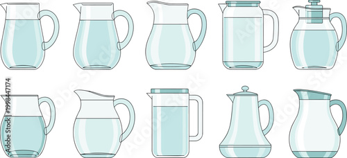 Water Jug Vector Set Featuring Multiple Glass And Plastic Pitcher Designs With Handles For Refreshing Drinks Kitchen Dining And Household Graphic Designs