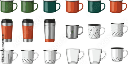 Metal Enamel Mug And Travel Tumbler Vector Set Featuring Multiple Outdoor Camping Cup Designs In Green Orange White And Steel For Adventure Graphic Designs