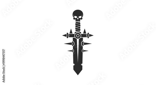 spiky sword icon with skull handle, minimalist vector graphic, isolated on white background, graphic design