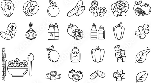 Salad icon outline drawings. Editable strokes bundle
