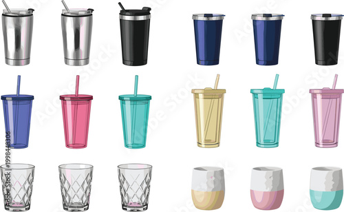 Selection of Various Insulated Stainless Steel Tumblers and Reusable Cold Drink Cups with Straws Alongside Decorative Glassware and Ceramic Cups for Beverage Service
