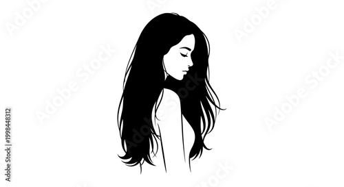 Silhouette of a woman with long flowing hair, looking down, elegant and minimalist illustration