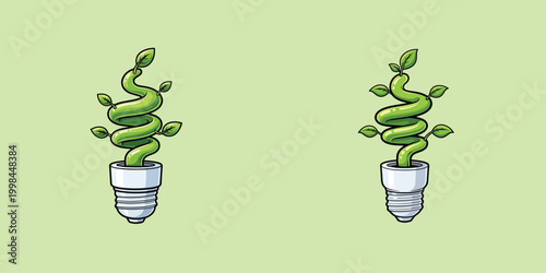 Eco-Friendly Spiral Light Bulb Concept: Green Plant Vine Growing in CFL Shape on Light Green Background