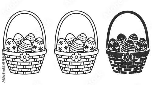 Three decorative easter baskets with eggs in outline and solid black style set.