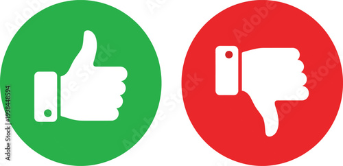 Thumbs up and thumbs down icons, green and red circle buttons, positive and negative feedback symbols, like and dislike signs, voting, agreement, disagreement.