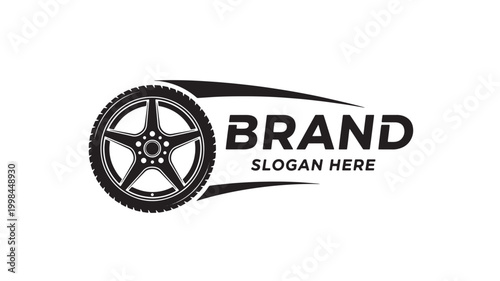 Foto Wheel automotive logo template with tire tread icon, sleek swoosh lines, and bra