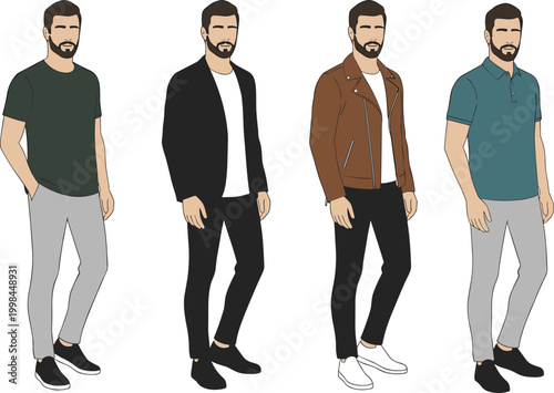 Set of bearded man characters wearing stylish casual clothes including leather jacket t-shirt and polo for urban lifestyle fashion vector