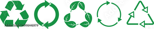 Green recycle symbols, ecology icons, environmental conservation signs, waste management elements, circular arrows, leaf recycling logos, sustainability, nature care.
