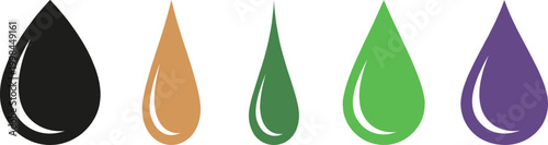 Colorful water drop icons, liquid droplet silhouettes, diverse moisture symbols, clean nature hydration graphics, multi colored ink drips, paint droplets.