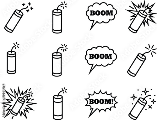 Dynamite sticks and boom speech bubbles collection black and white explosive icons set for comic pop art design