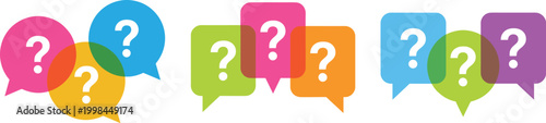 Colorful speech bubbles with question marks, creative faq concept icons, support help desk symbols, information query graphic elements, communication and inquiry illustration