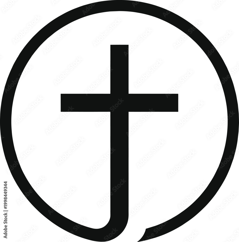 Obraz premium Christian cross icon inside circle, religious faith symbol, black church crucifix logo, spiritual grace sign, holy worship element, sacred gospel graphic for minimalist design, prayer emblem
