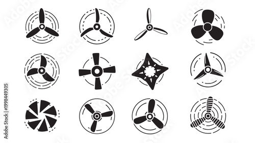 Fan propeller icon set with rotating blades and circular motion lines for airflow and ventilation symbolism featuring turbine, air circulation,