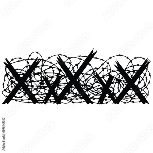 Barbed wire fence with spiked metal barriers in silhouette for security vector illustration.