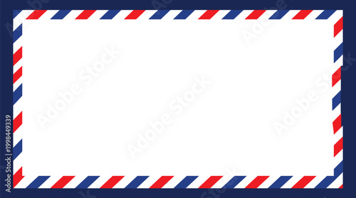 Classic airmail envelope border frame with blue and red stripes, ideal for travel letters, vintage postcards, postal mailing, and international delivery concepts.