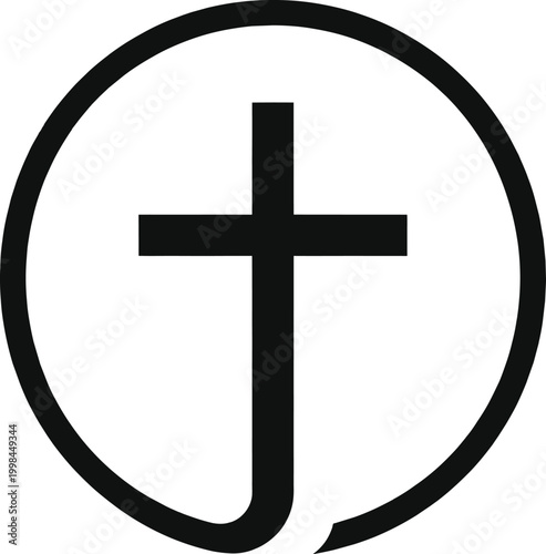 Christian cross icon inside circle, religious faith symbol, black church crucifix logo, spiritual grace sign, holy worship element, sacred gospel graphic for minimalist design, prayer emblem