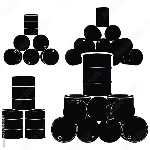 Collection of oil barrel stacks silhouette illustration for industrial storage vector.
