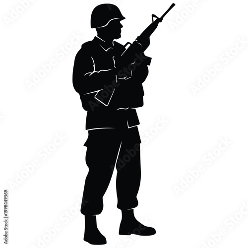 Full length soldier silhouette standing with weapon for armed forces vector illustration.