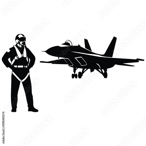 Fighter jet airplane pilot standing ready vector silhouette illustration line art icon.