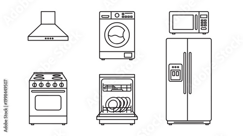 Kitchen appliances line icons set with oven, stove hood, dishwasher and refrigerator for home design and cooking featuring range, baking, laundry
