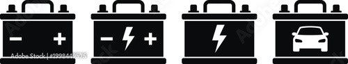 Car battery icon collection, automotive electric power supply symbols, black silhouette vehicle accumulator icons with lightning bolt and terminals