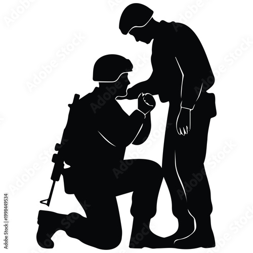 Two soldiers in combat gear vector illustration in black silhouette flat line art style.