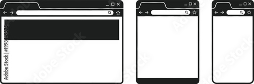 Browser, window, set, desktop, tablet, mobile, responsive, web, interface, design, layout, mockup, screen, frame, application, internet, site, template, illustration