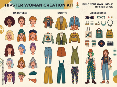 Young Hipster Woman Creation Kit – Flat Cartoon Character Builder

